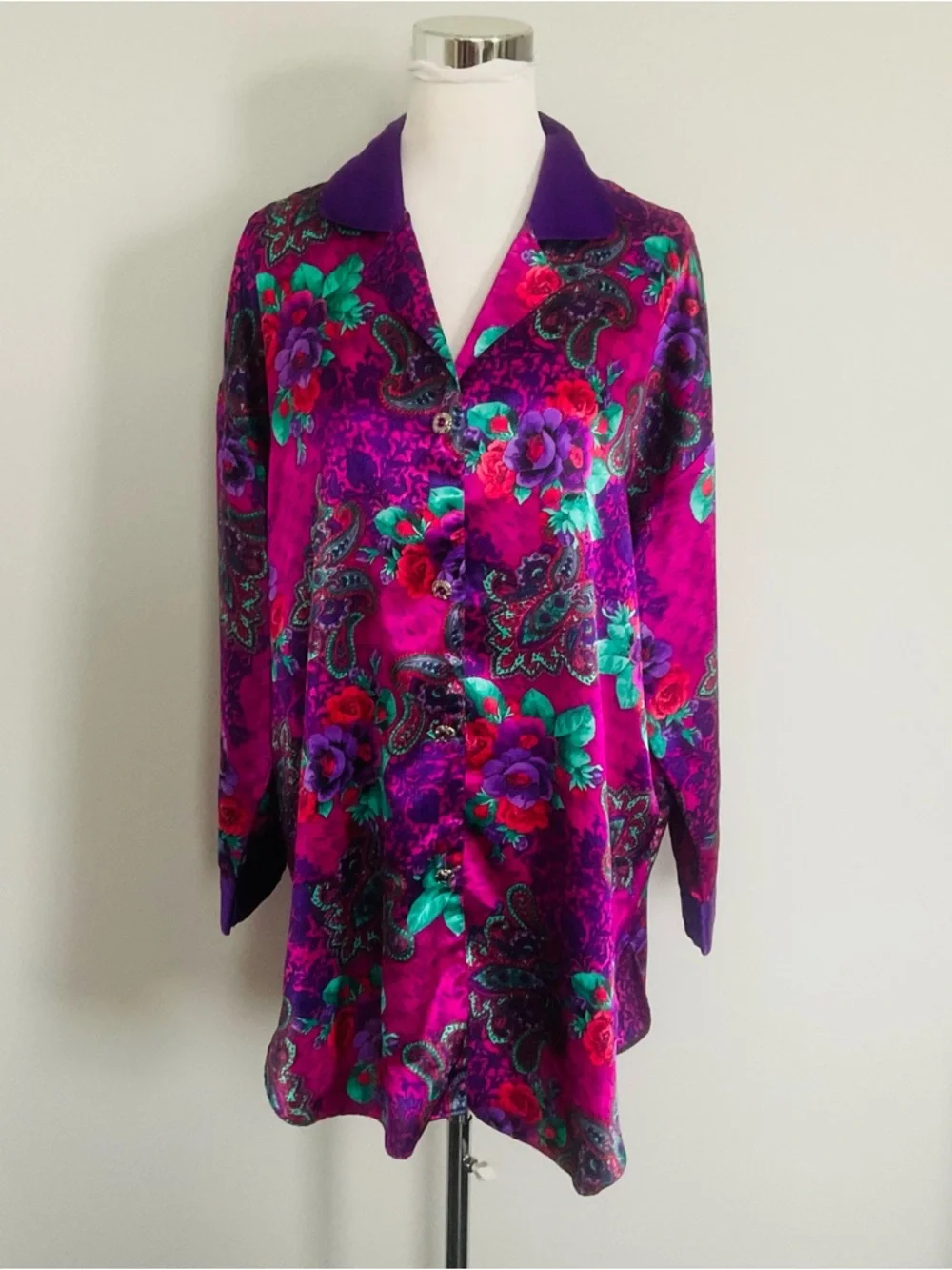 Victoria Secret Floral Multi Colored Night Shirt Long Sleeve Collared M/L-VTG